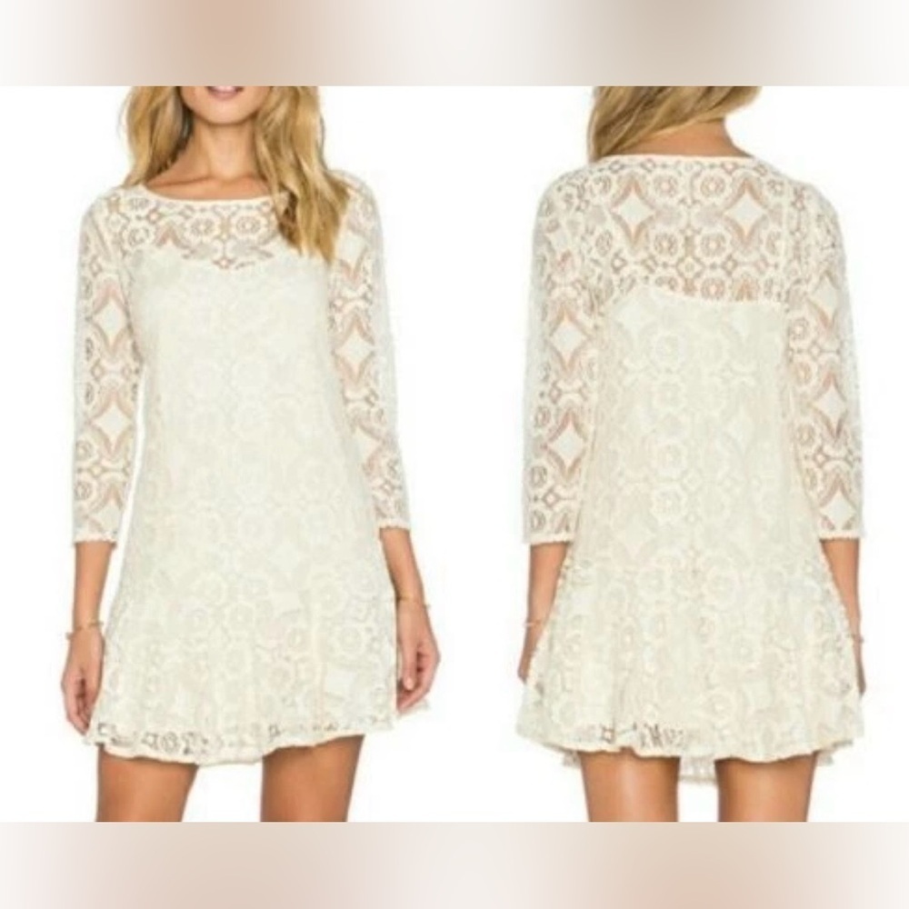 NWT FREE PEOPLE Sz4 WALKING TO THE SUN LACE FIT & FLARE 3/4 SLEEVE DRESS
CREAM